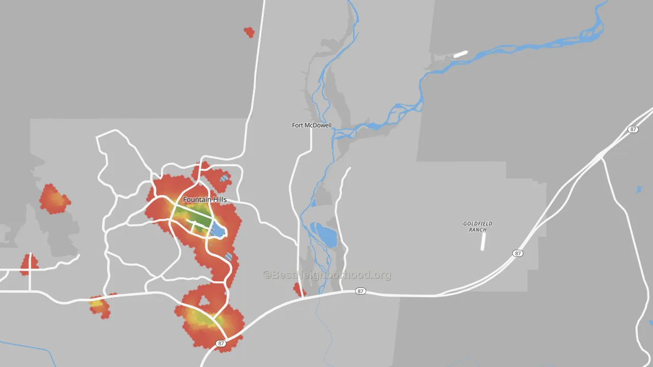 Walk Grade map of 85264, AZ, walkable areas in green and car-dependent areas in red
