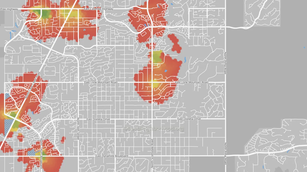 Walk Grade map of 85266, AZ, walkable areas in green and car-dependent areas in red