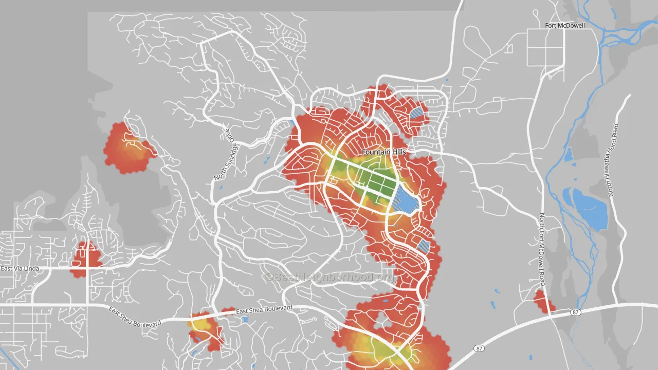 Walk Grade map of 85268, AZ, walkable areas in green and car-dependent areas in red