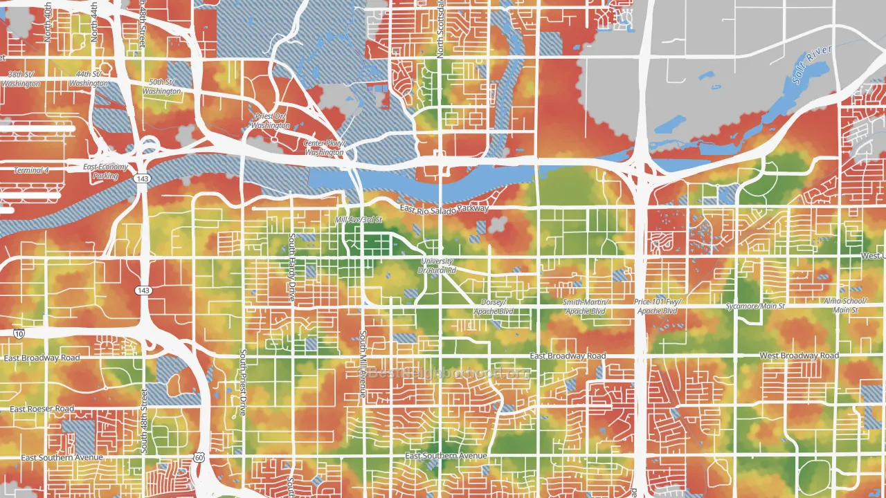 Walk Grade map of 85281, AZ, walkable areas in green and car-dependent areas in red