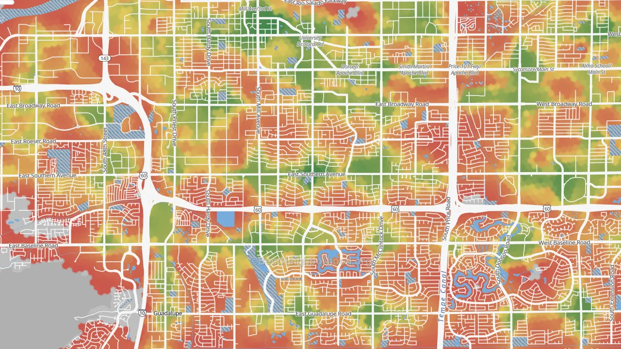 Walk Grade map of 85282, AZ, walkable areas in green and car-dependent areas in red