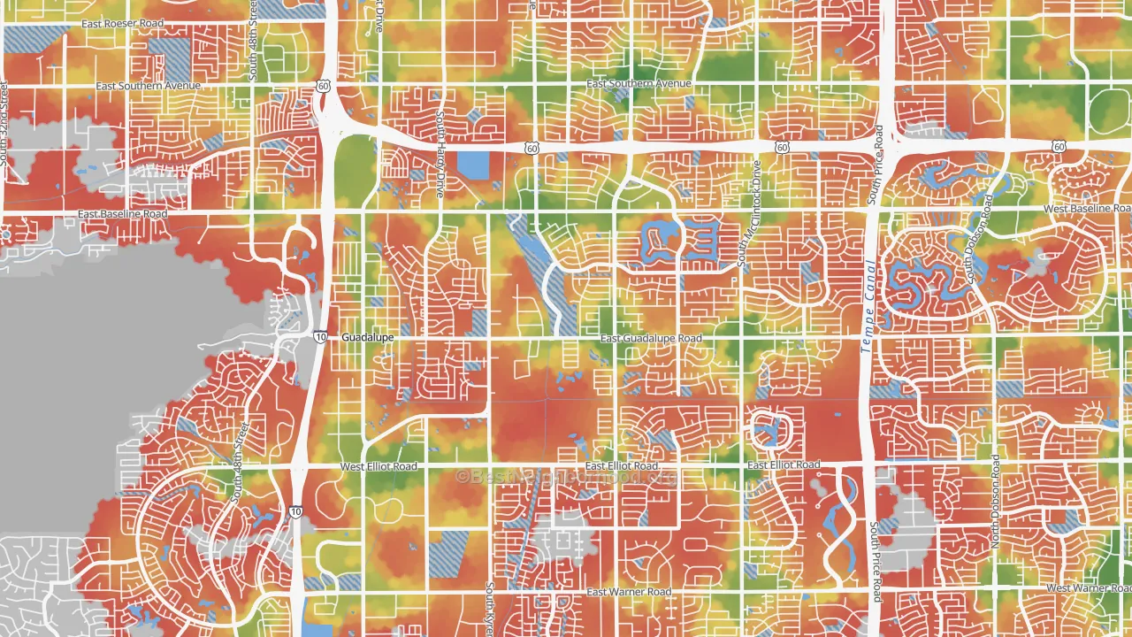 Walk Grade map of 85283, AZ, walkable areas in green and car-dependent areas in red