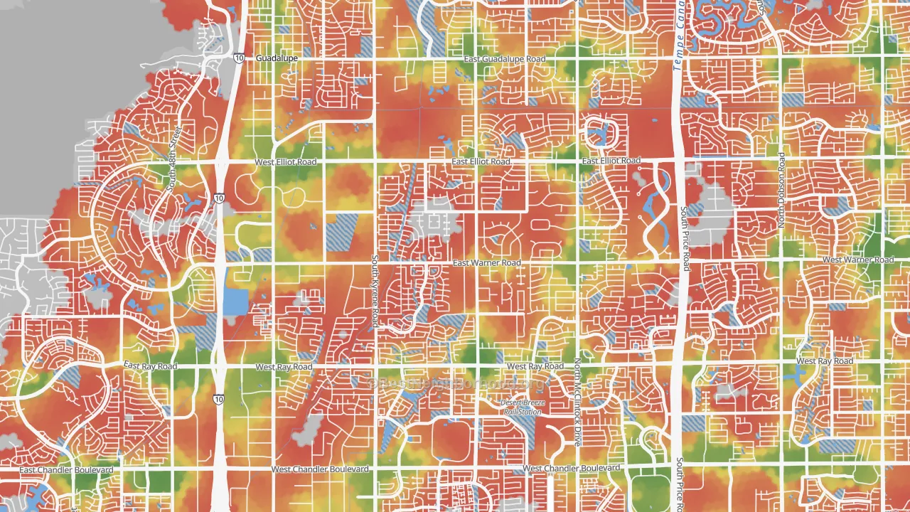 Walk Grade map of 85284, AZ, walkable areas in green and car-dependent areas in red