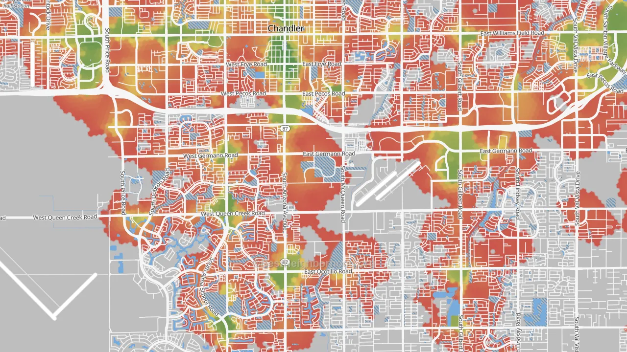 Walk Grade map of 85286, AZ, walkable areas in green and car-dependent areas in red