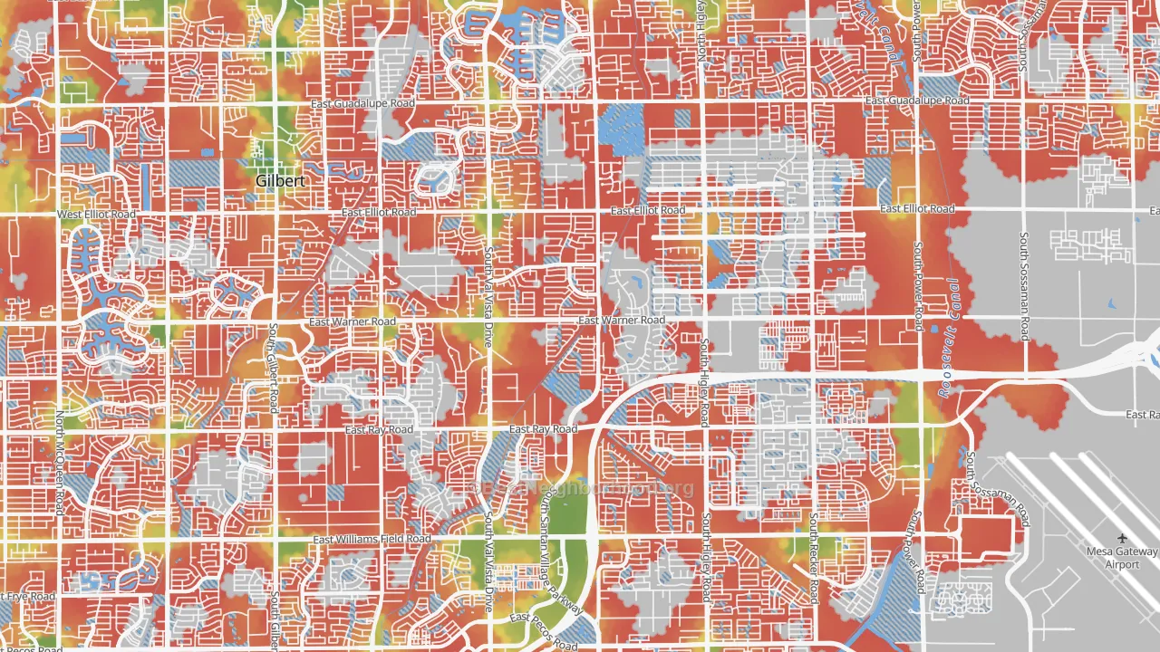 Walk Grade map of 85296, AZ, walkable areas in green and car-dependent areas in red