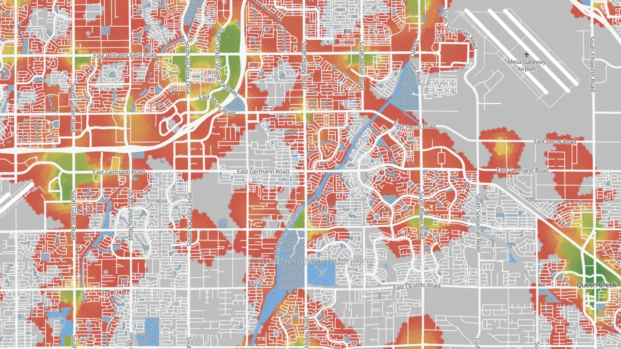 Walk Grade map of 85297, AZ, walkable areas in green and car-dependent areas in red