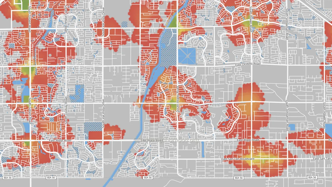 Walk Grade map of 85298, AZ, walkable areas in green and car-dependent areas in red