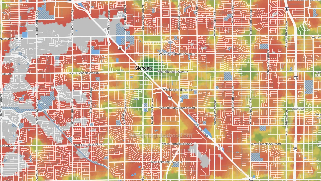 Walk Grade map of 85301, AZ, walkable areas in green and car-dependent areas in red