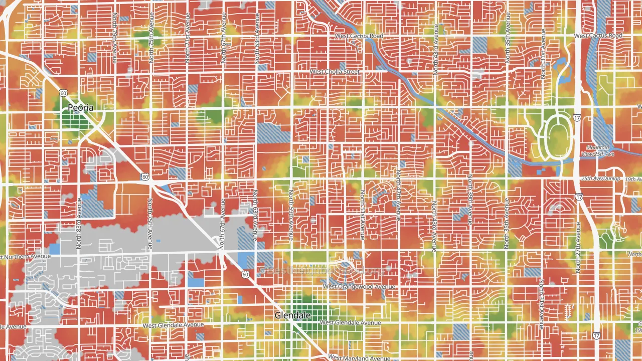 Walk Grade map of 85302, AZ, walkable areas in green and car-dependent areas in red