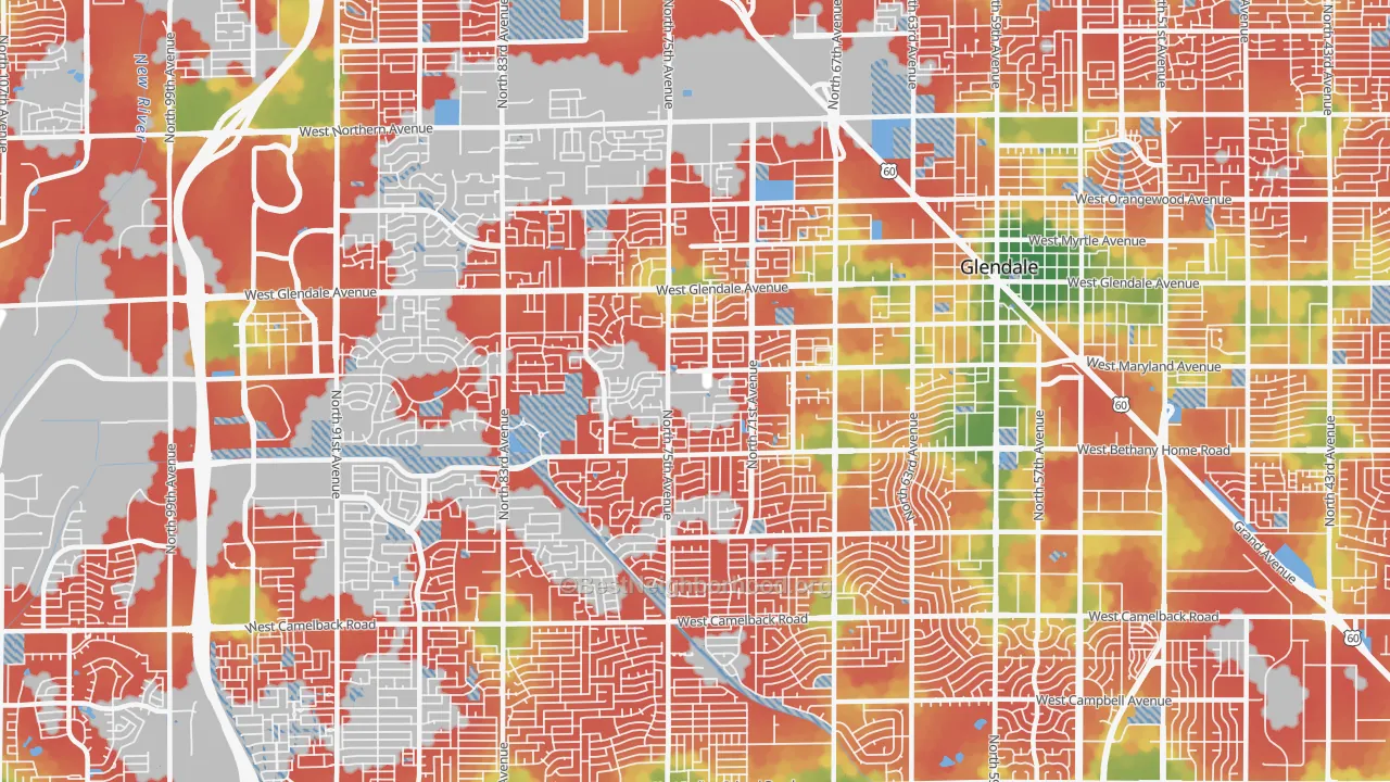 Walk Grade map of 85303, AZ, walkable areas in green and car-dependent areas in red
