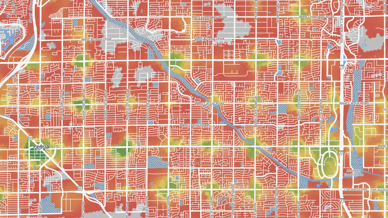 Walk Grade map of 85304, AZ, walkable areas in green and car-dependent areas in red