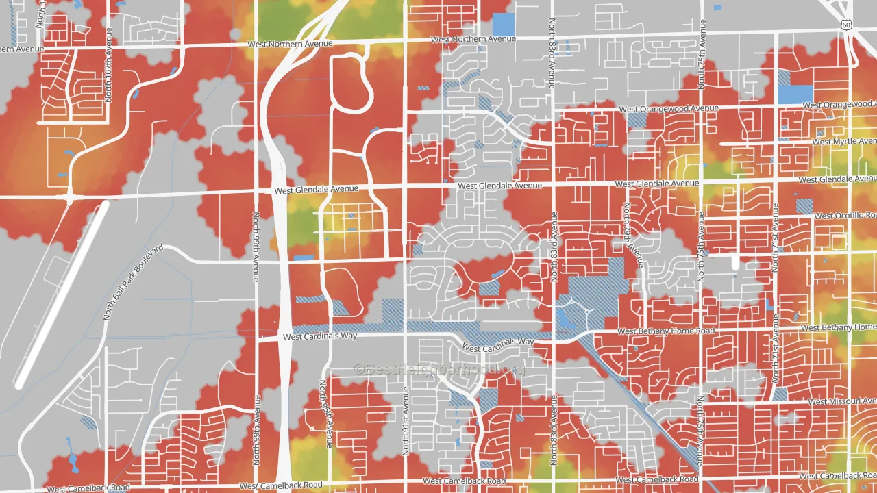 Walk Grade map of 85305, AZ, walkable areas in green and car-dependent areas in red