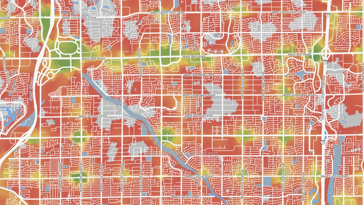 Walk Grade map of 85306, AZ, walkable areas in green and car-dependent areas in red