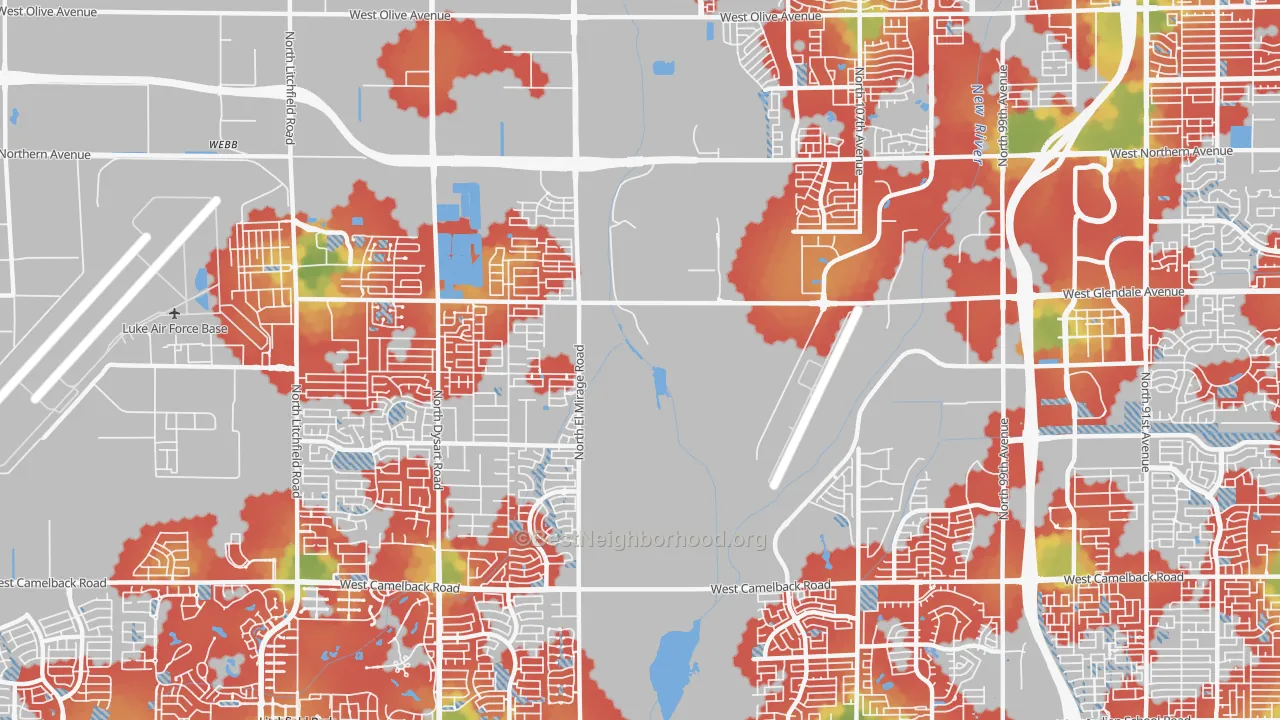 Walk Grade map of 85307, AZ, walkable areas in green and car-dependent areas in red