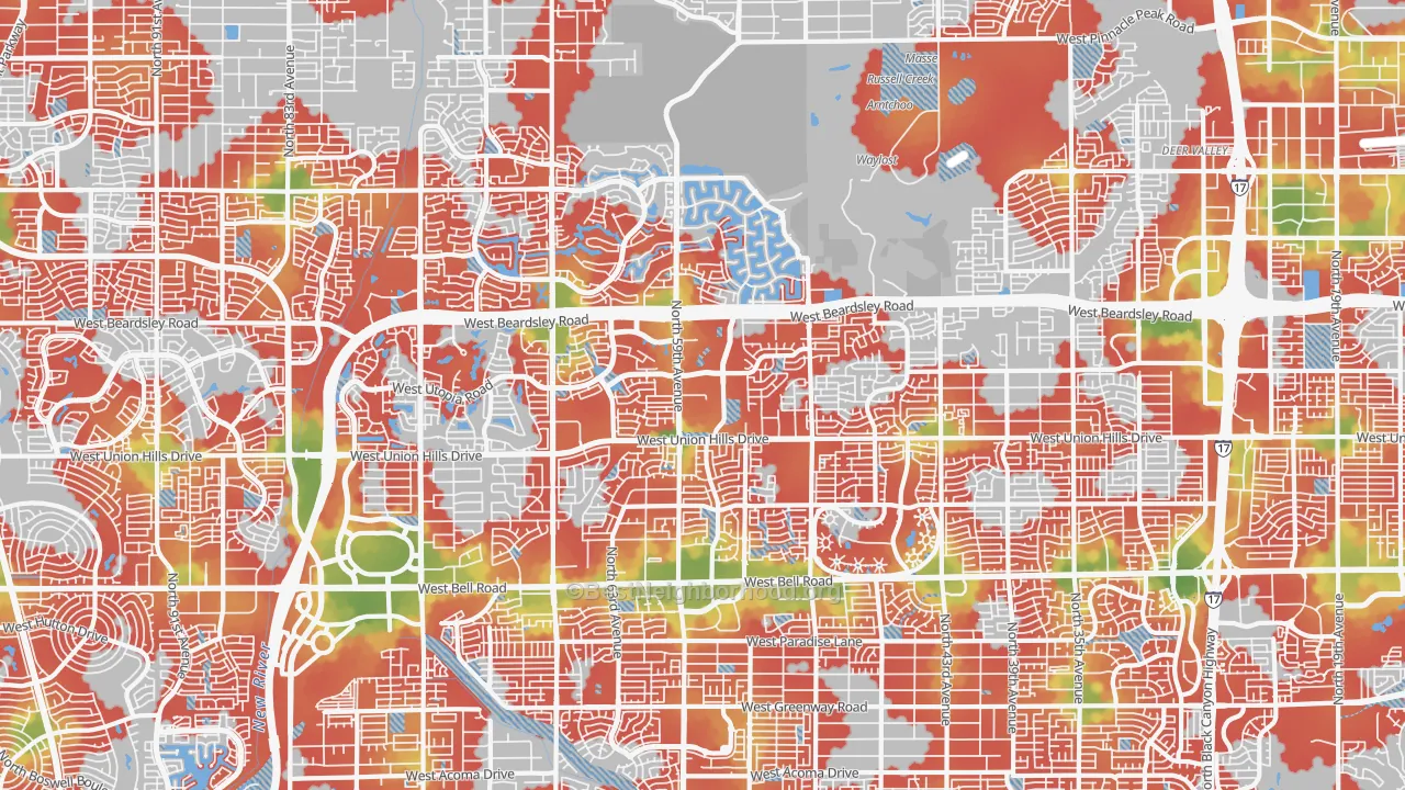 Walk Grade map of 85308, AZ, walkable areas in green and car-dependent areas in red