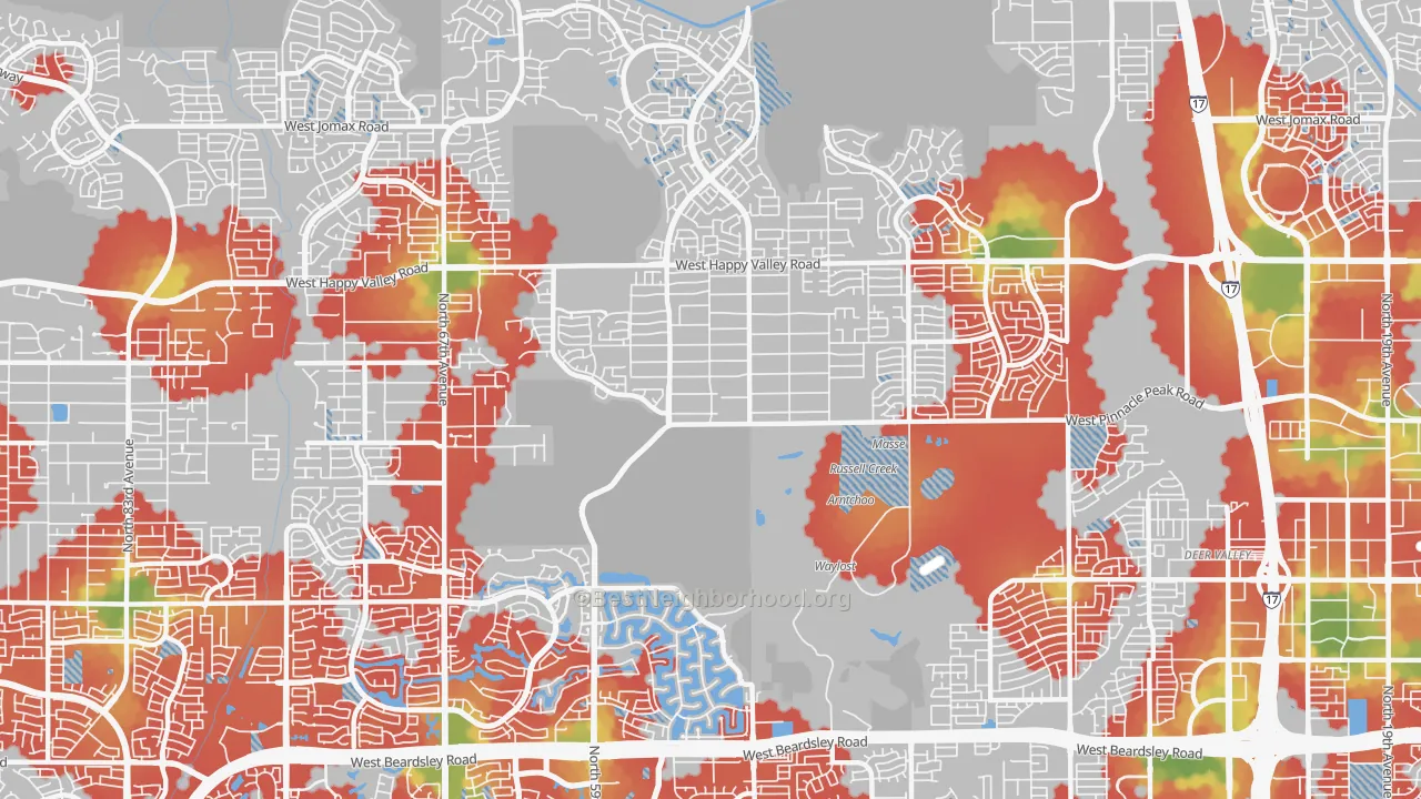 Walk Grade map of 85310, AZ, walkable areas in green and car-dependent areas in red