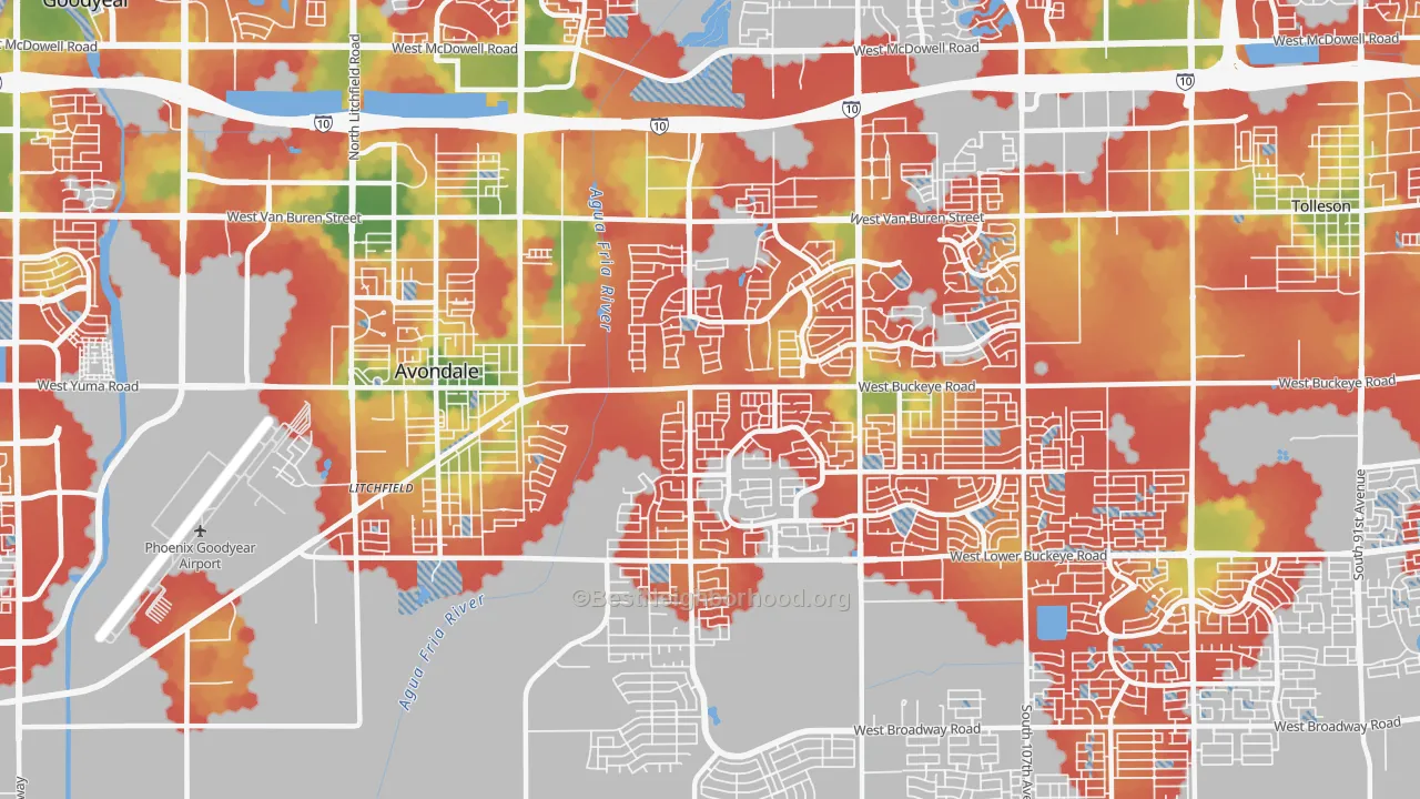 Walk Grade map of 85323, AZ, walkable areas in green and car-dependent areas in red