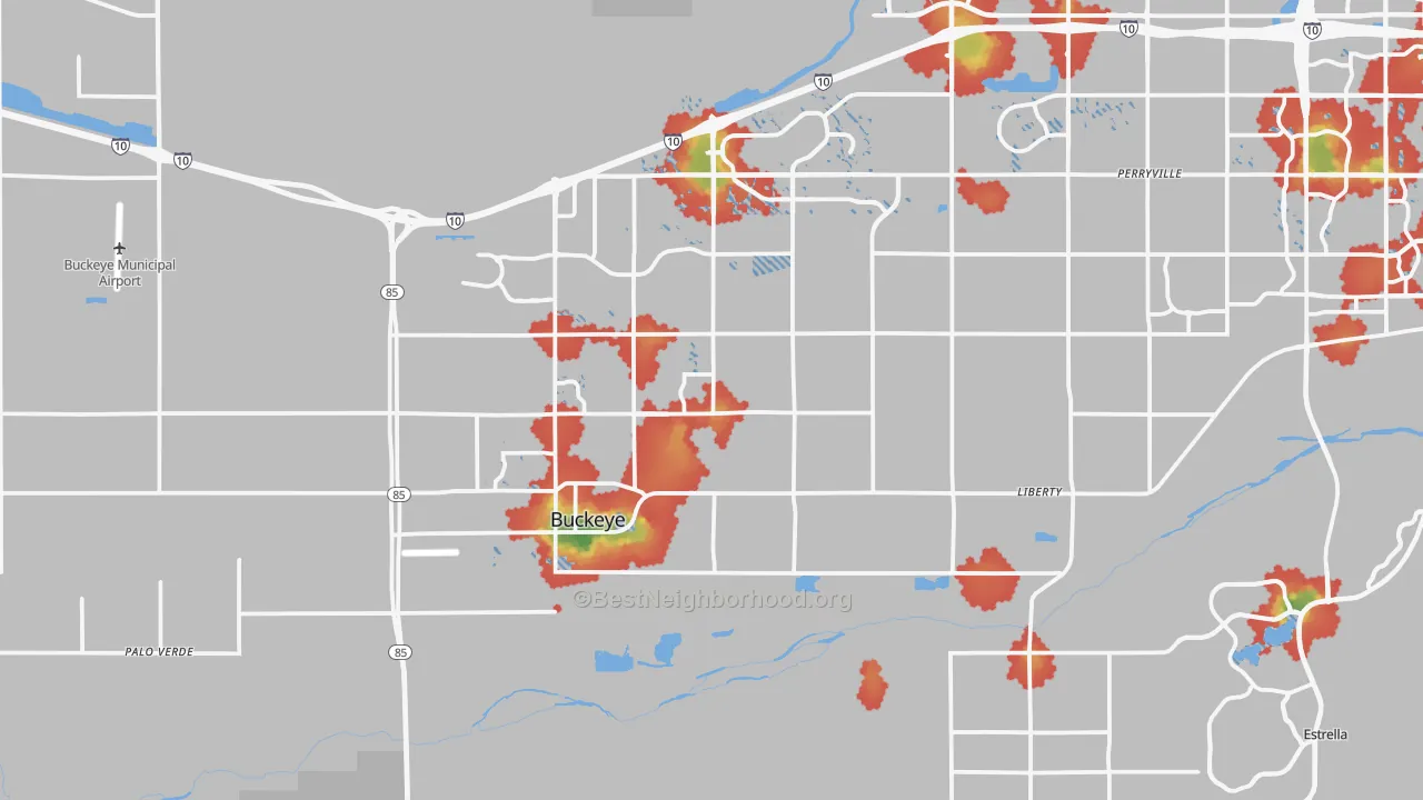 Walk Grade map of 85326, AZ, walkable areas in green and car-dependent areas in red