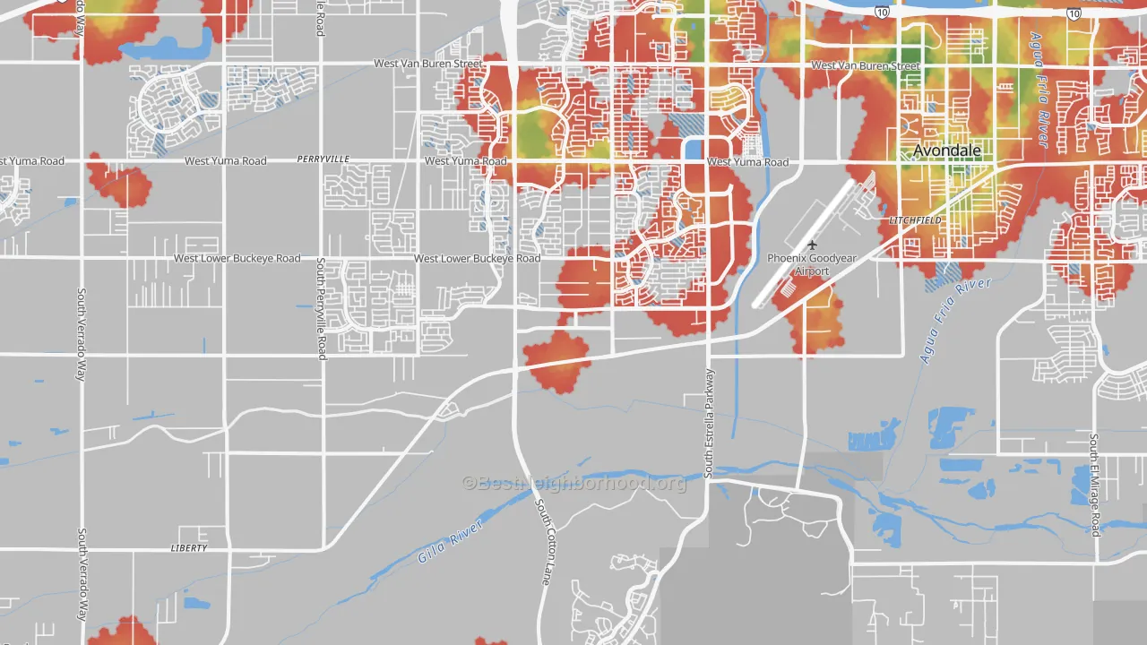 Walk Grade map of 85338, AZ, walkable areas in green and car-dependent areas in red