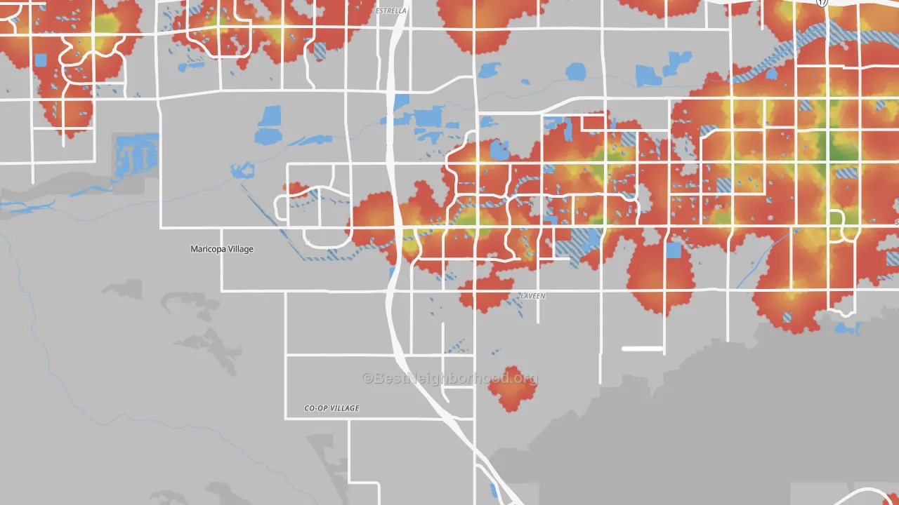 Walk Grade map of 85339, AZ, walkable areas in green and car-dependent areas in red