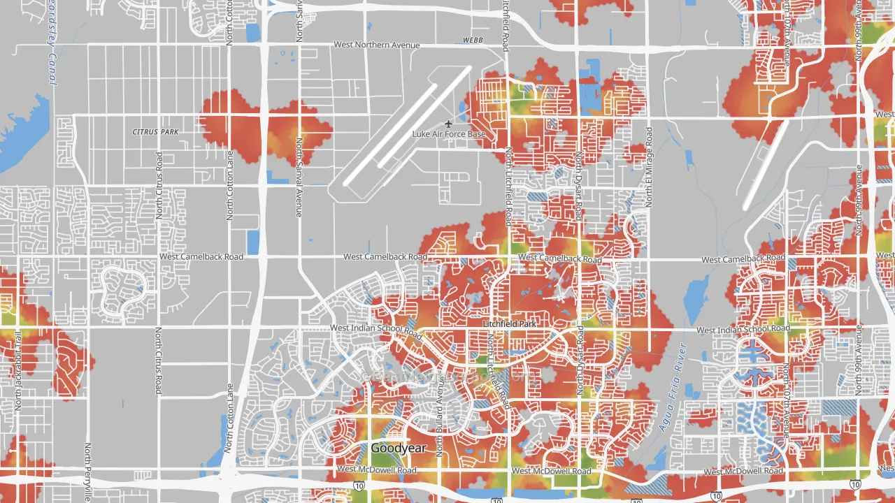 Walk Grade map of 85340, AZ, walkable areas in green and car-dependent areas in red