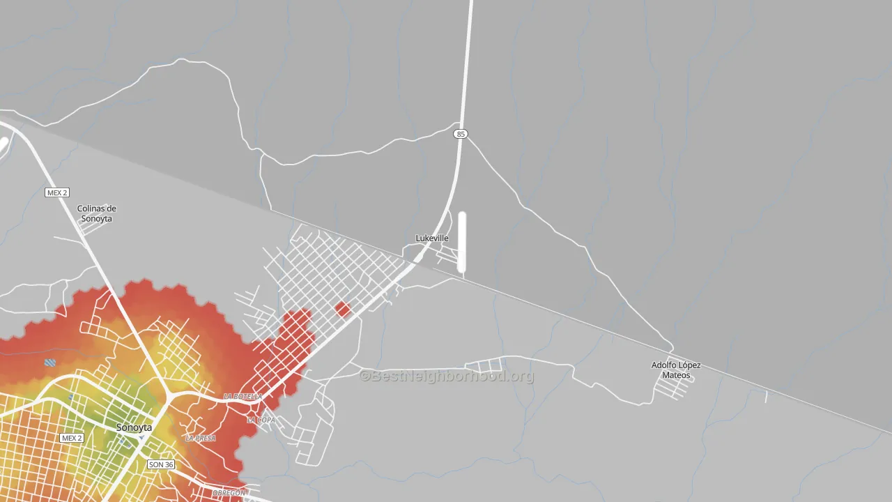 Walk Grade map of 85341, AZ, walkable areas in green and car-dependent areas in red