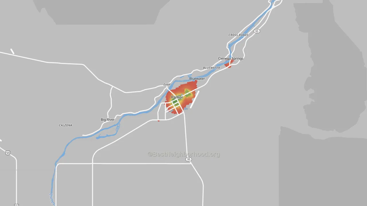 Walk Grade map of 85344, AZ, walkable areas in green and car-dependent areas in red