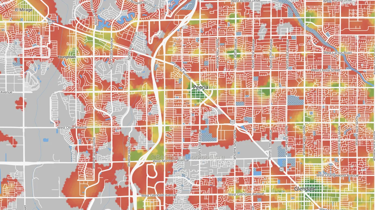 Walk Grade map of 85345, AZ, walkable areas in green and car-dependent areas in red
