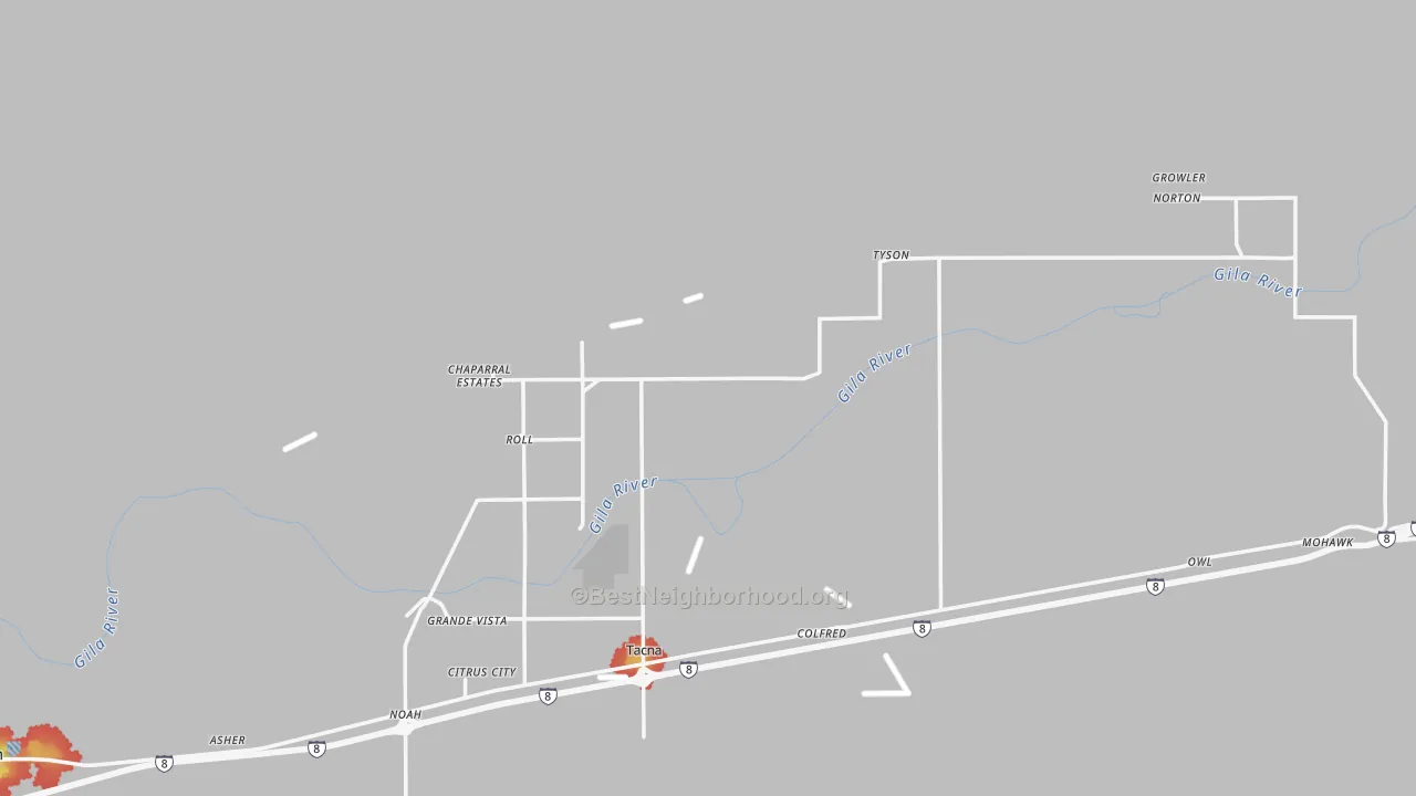 Walk Grade map of 85347, AZ, walkable areas in green and car-dependent areas in red