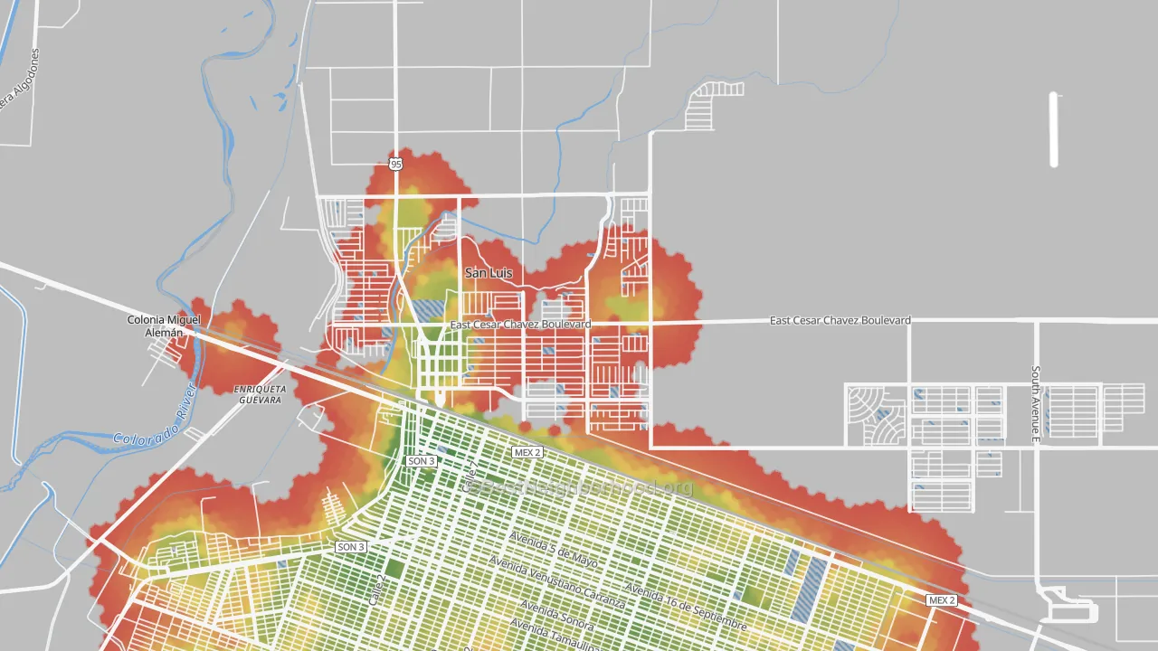 Walk Grade map of 85349, AZ, walkable areas in green and car-dependent areas in red