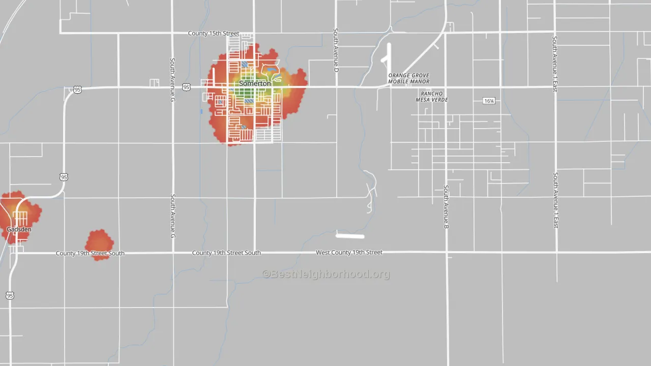 Walk Grade map of 85350, AZ, walkable areas in green and car-dependent areas in red