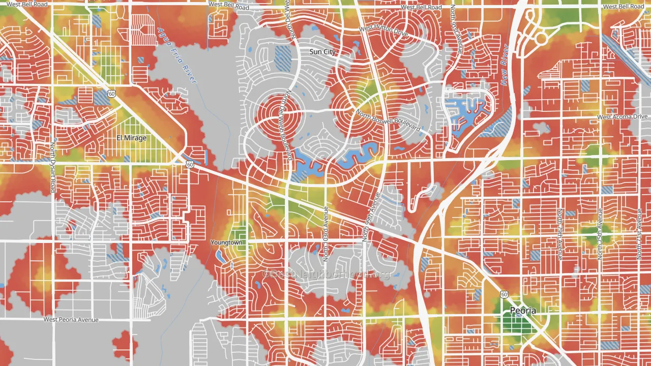 Walk Grade map of 85351, AZ, walkable areas in green and car-dependent areas in red