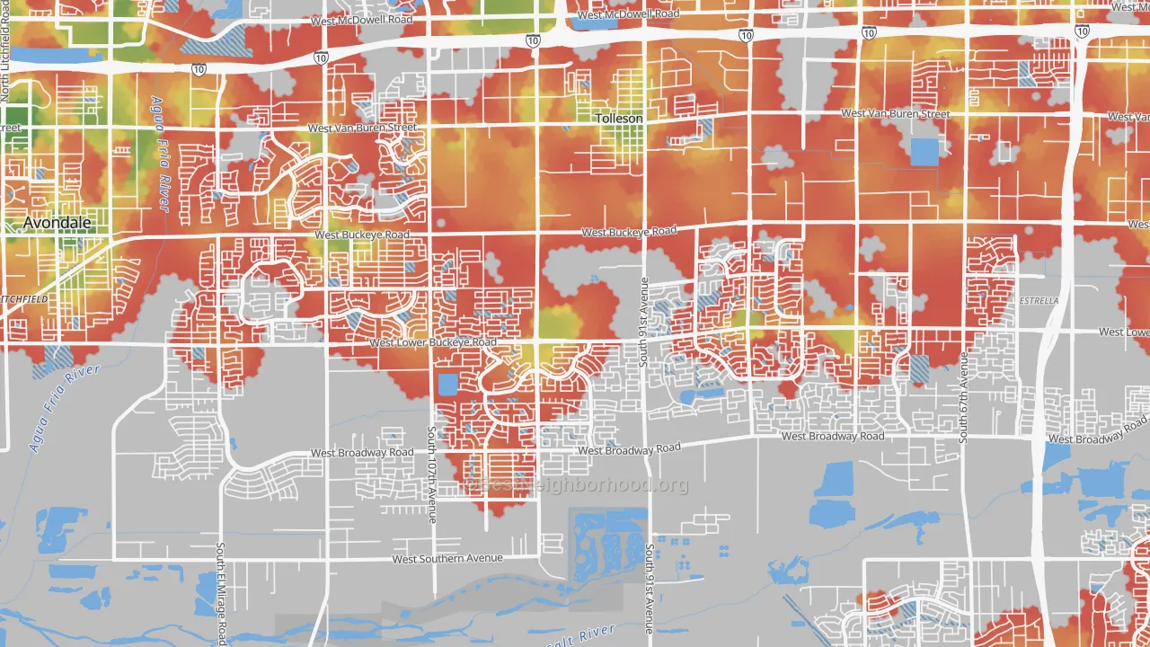 Walk Grade map of 85353, AZ, walkable areas in green and car-dependent areas in red
