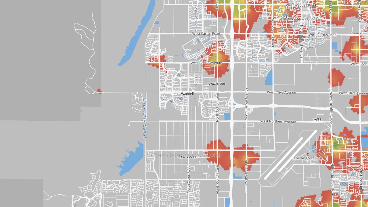 Walk Grade map of 85355, AZ, walkable areas in green and car-dependent areas in red