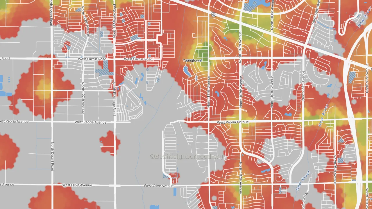 Walk Grade map of 85363, AZ, walkable areas in green and car-dependent areas in red
