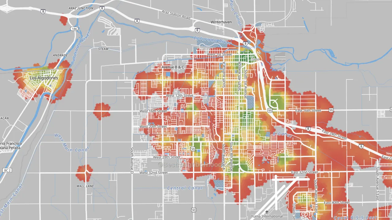 Walk Grade map of 85364, AZ, walkable areas in green and car-dependent areas in red