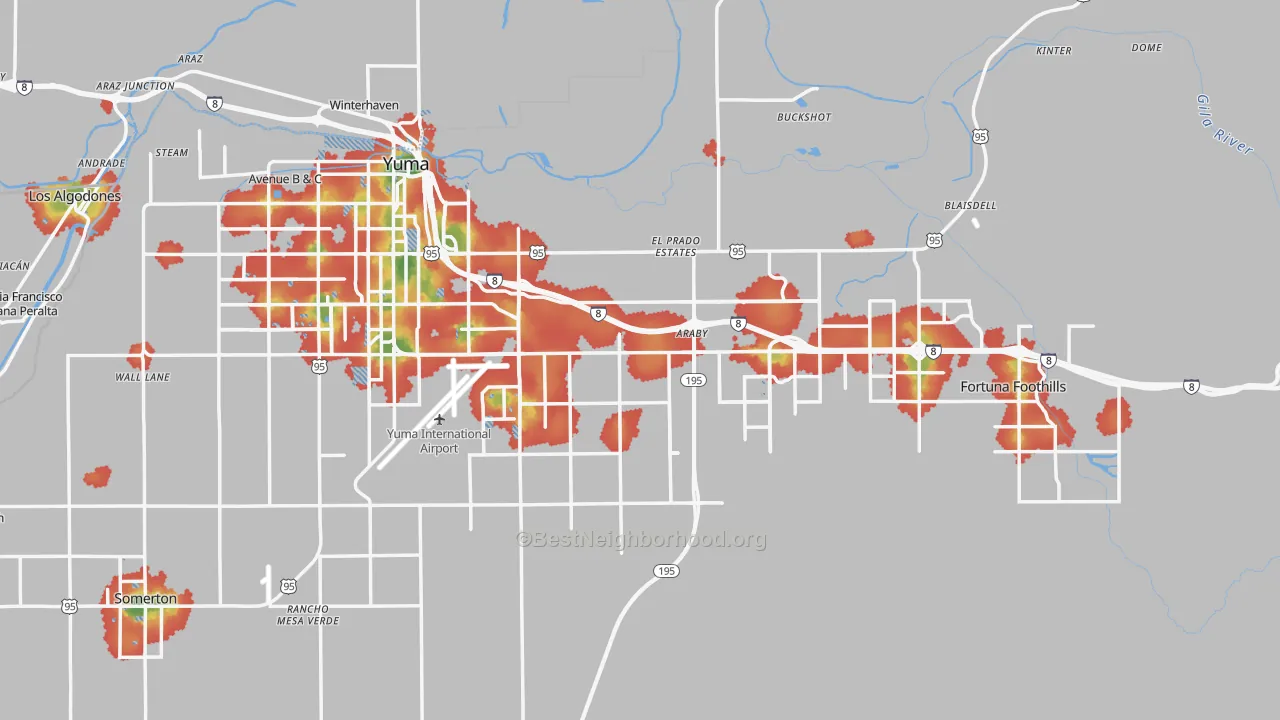 Walk Grade map of 85365, AZ, walkable areas in green and car-dependent areas in red