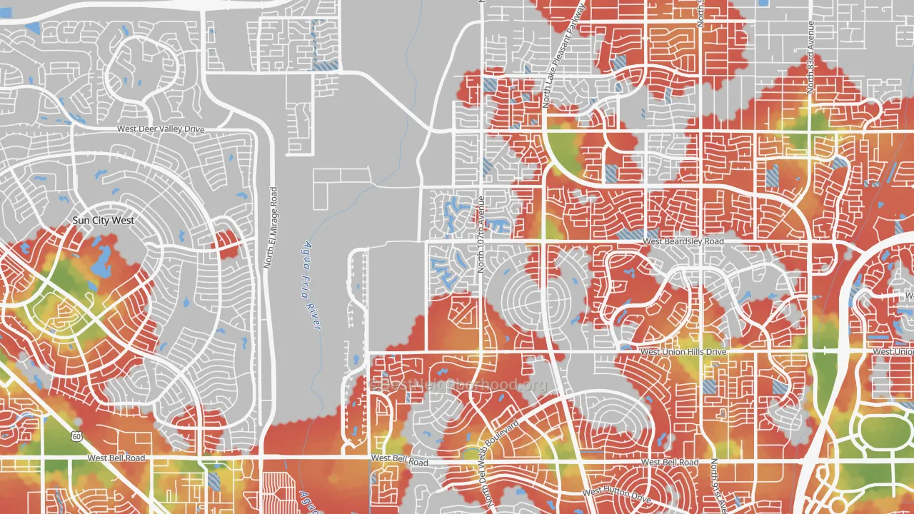 Walk Grade map of 85373, AZ, walkable areas in green and car-dependent areas in red