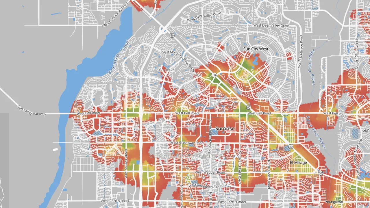Walk Grade map of 85374, AZ, walkable areas in green and car-dependent areas in red