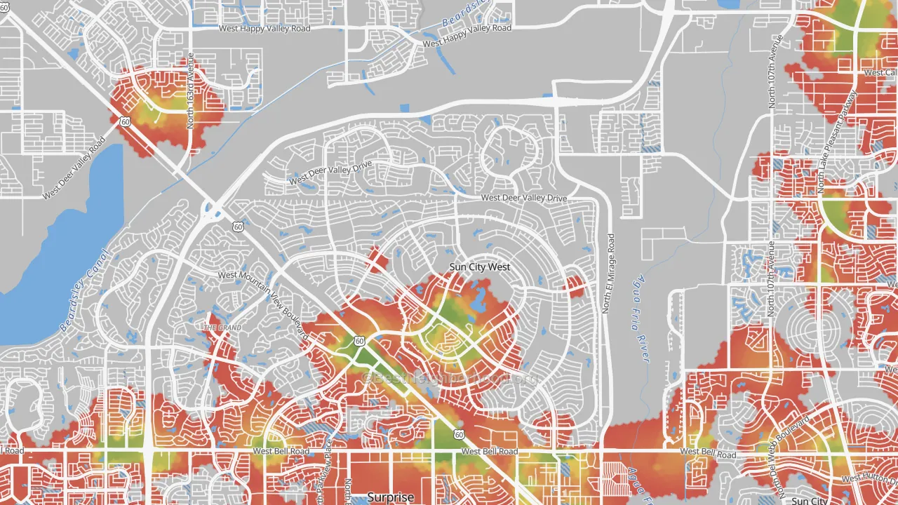 Walk Grade map of 85375, AZ, walkable areas in green and car-dependent areas in red