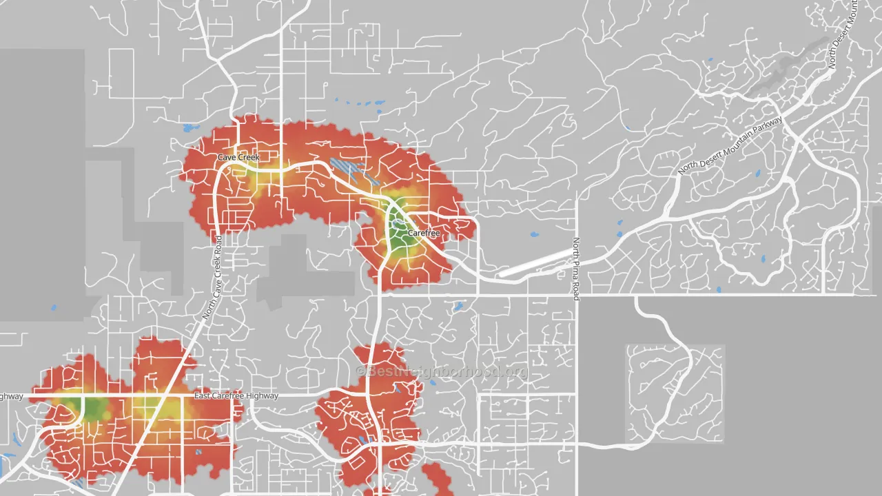 Walk Grade map of 85377, AZ, walkable areas in green and car-dependent areas in red