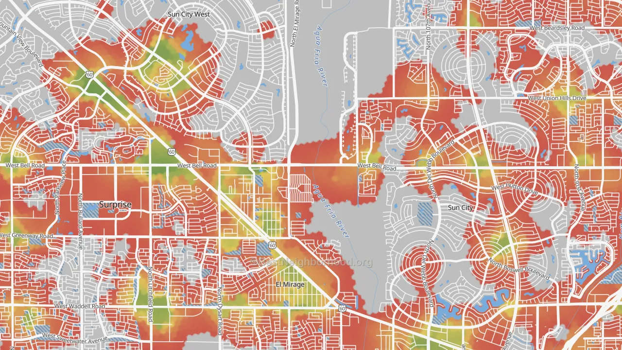 Walk Grade map of 85378, AZ, walkable areas in green and car-dependent areas in red