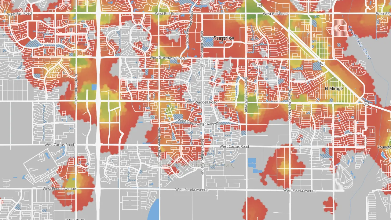 Walk Grade map of 85379, AZ, walkable areas in green and car-dependent areas in red