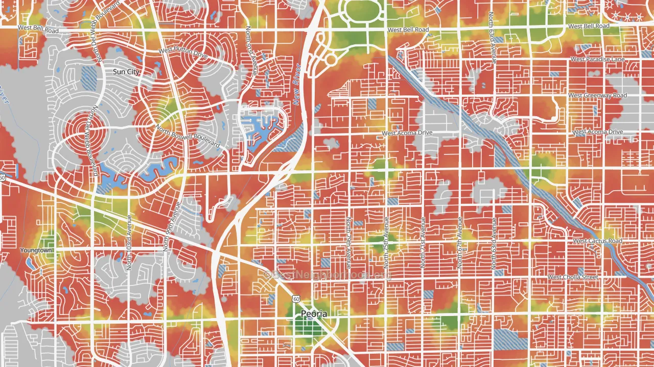 Walk Grade map of 85381, AZ, walkable areas in green and car-dependent areas in red