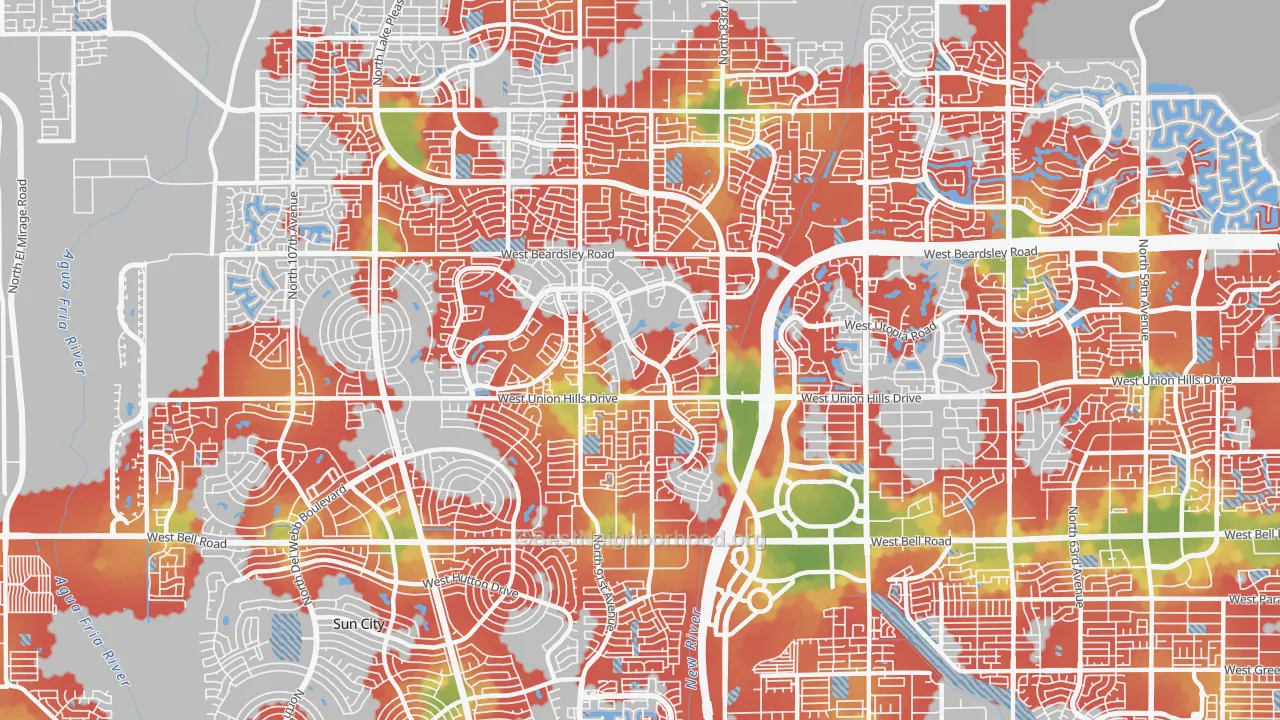 Walk Grade map of 85382, AZ, walkable areas in green and car-dependent areas in red