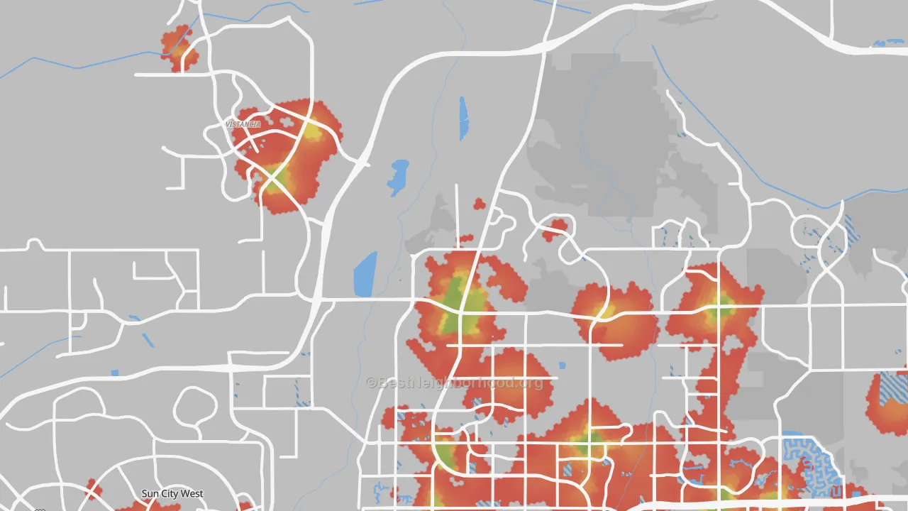 Walk Grade map of 85383, AZ, walkable areas in green and car-dependent areas in red