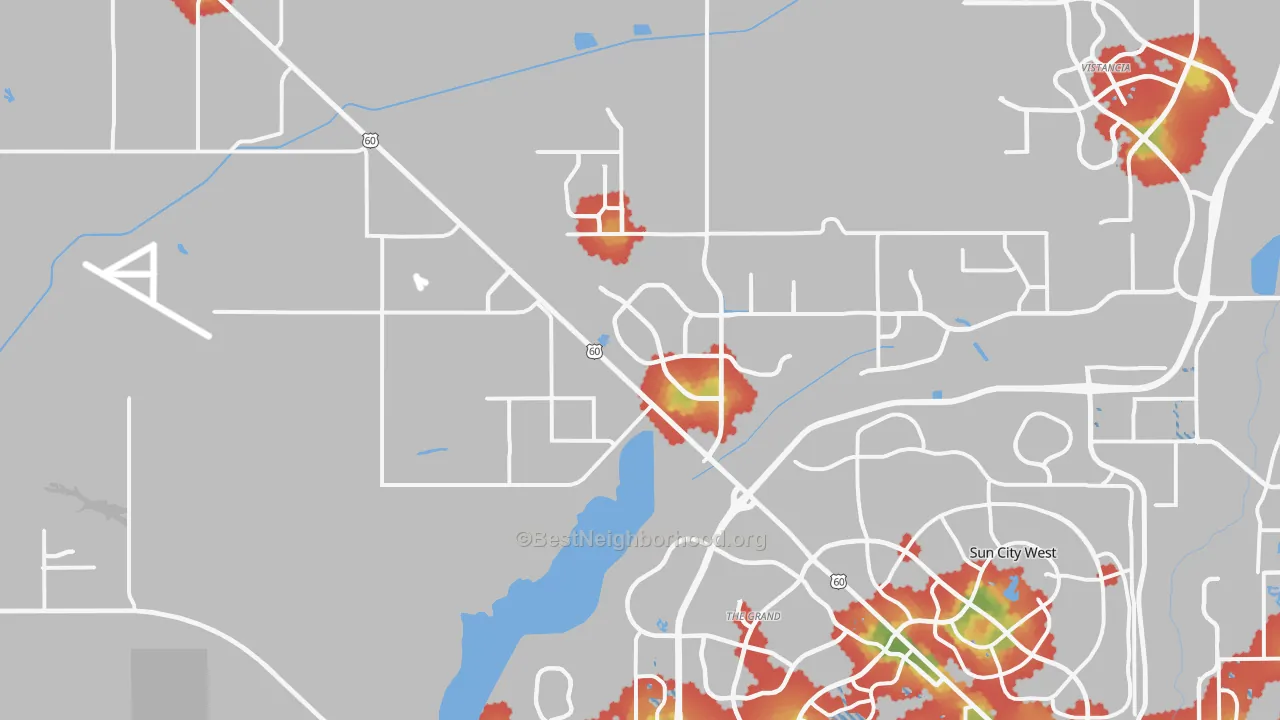 Walk Grade map of 85387, AZ, walkable areas in green and car-dependent areas in red