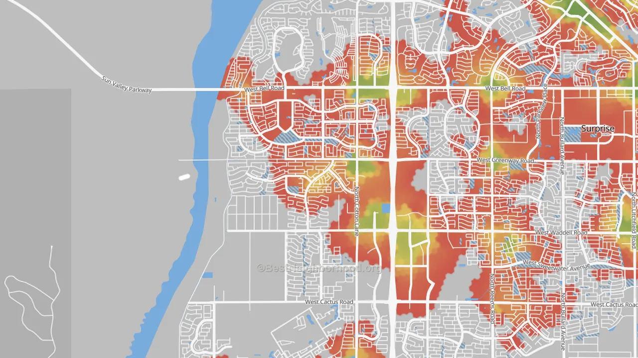 Walk Grade map of 85388, AZ, walkable areas in green and car-dependent areas in red