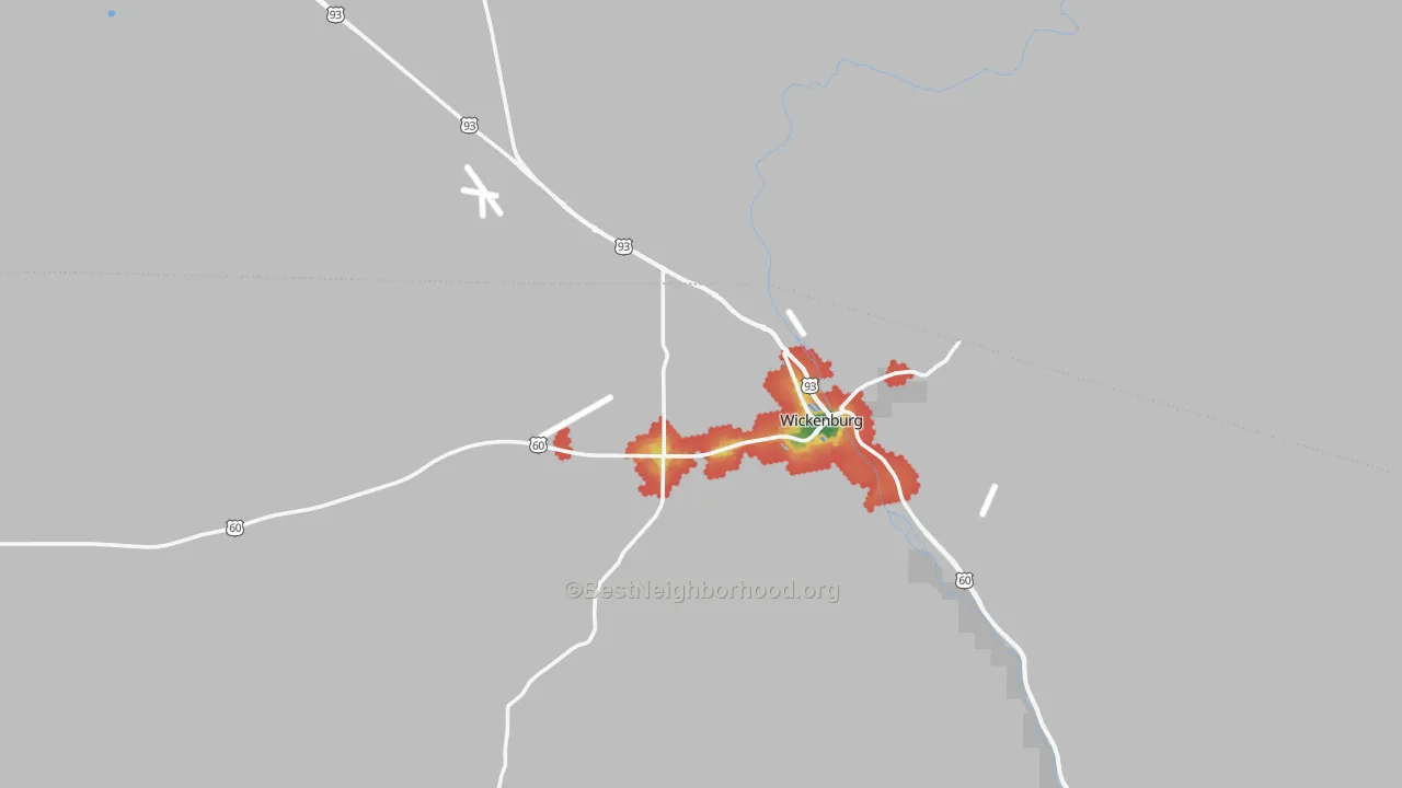 Walk Grade map of 85390, AZ, walkable areas in green and car-dependent areas in red