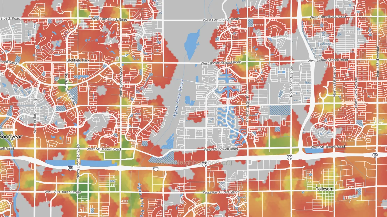 Walk Grade map of 85392, AZ, walkable areas in green and car-dependent areas in red